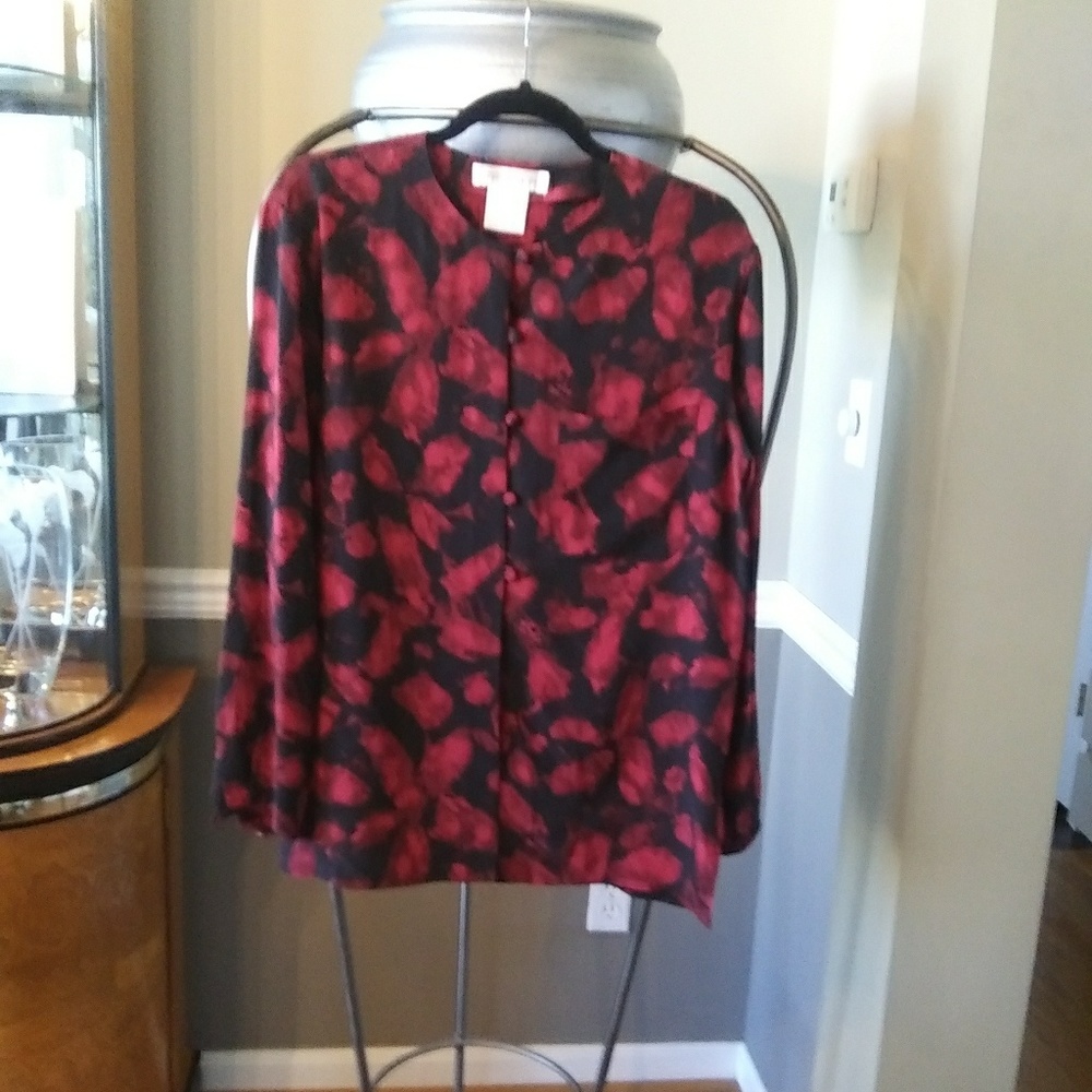 Jones New York 100%  Silk Blouse Black/Red/ Sz 4
